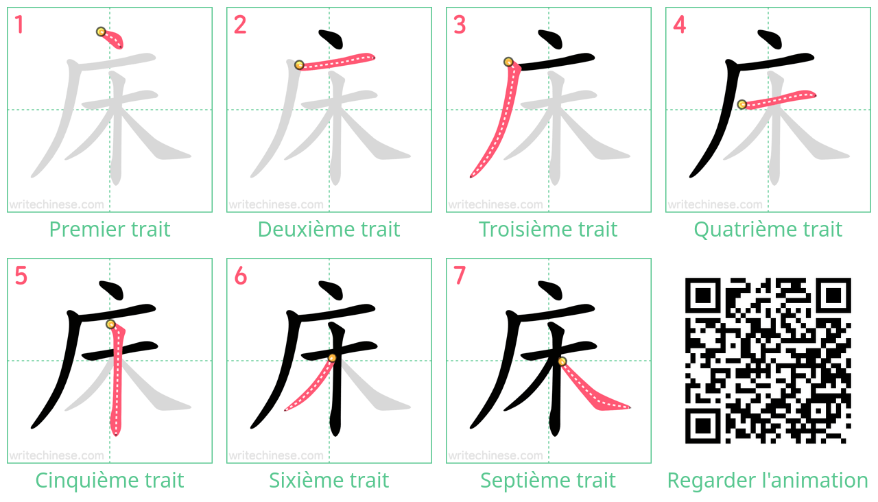 Diagrammes d'ordre des traits étape par étape pour le caractère 床