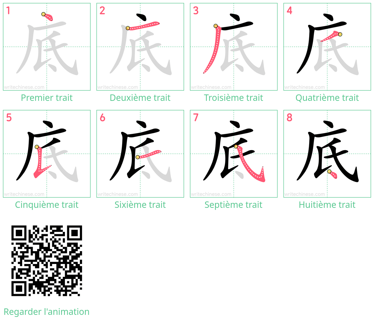 Diagrammes d'ordre des traits étape par étape pour le caractère 底