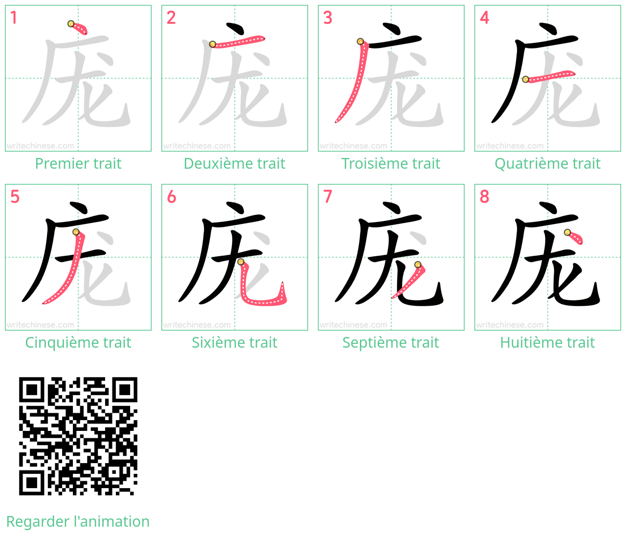 Diagrammes d'ordre des traits étape par étape pour le caractère 庞