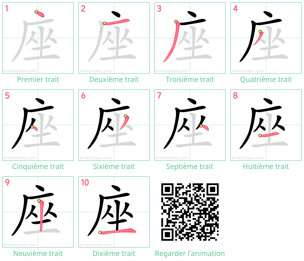 Diagrammes d'ordre des traits étape par étape pour le caractère 座