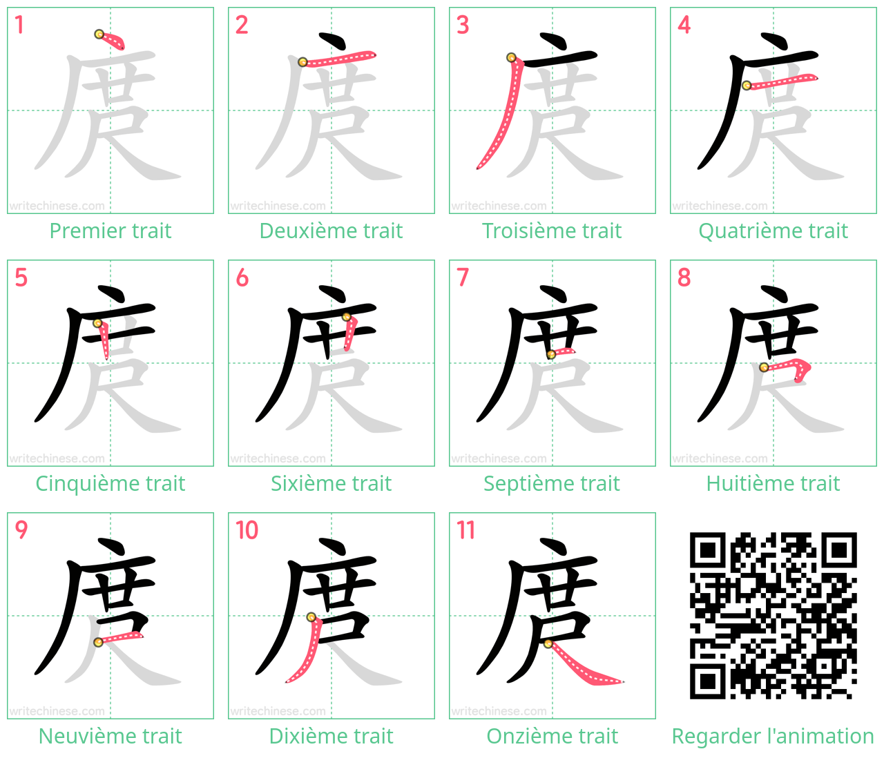 Diagrammes d'ordre des traits étape par étape pour le caractère 庹