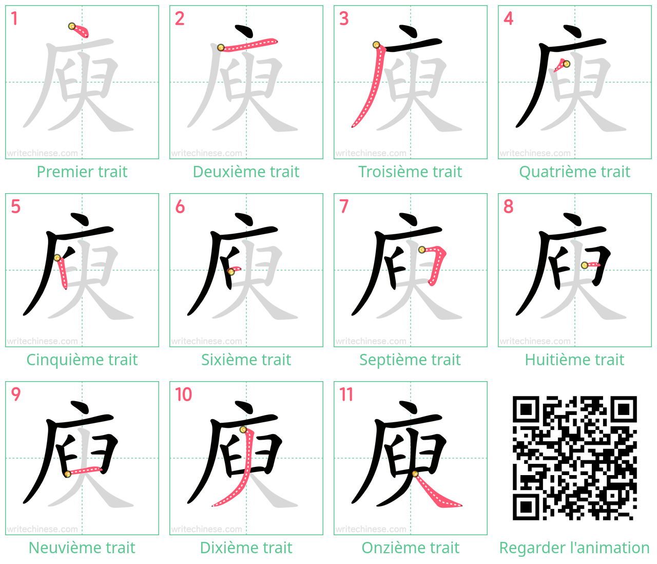 Diagrammes d'ordre des traits étape par étape pour le caractère 庾