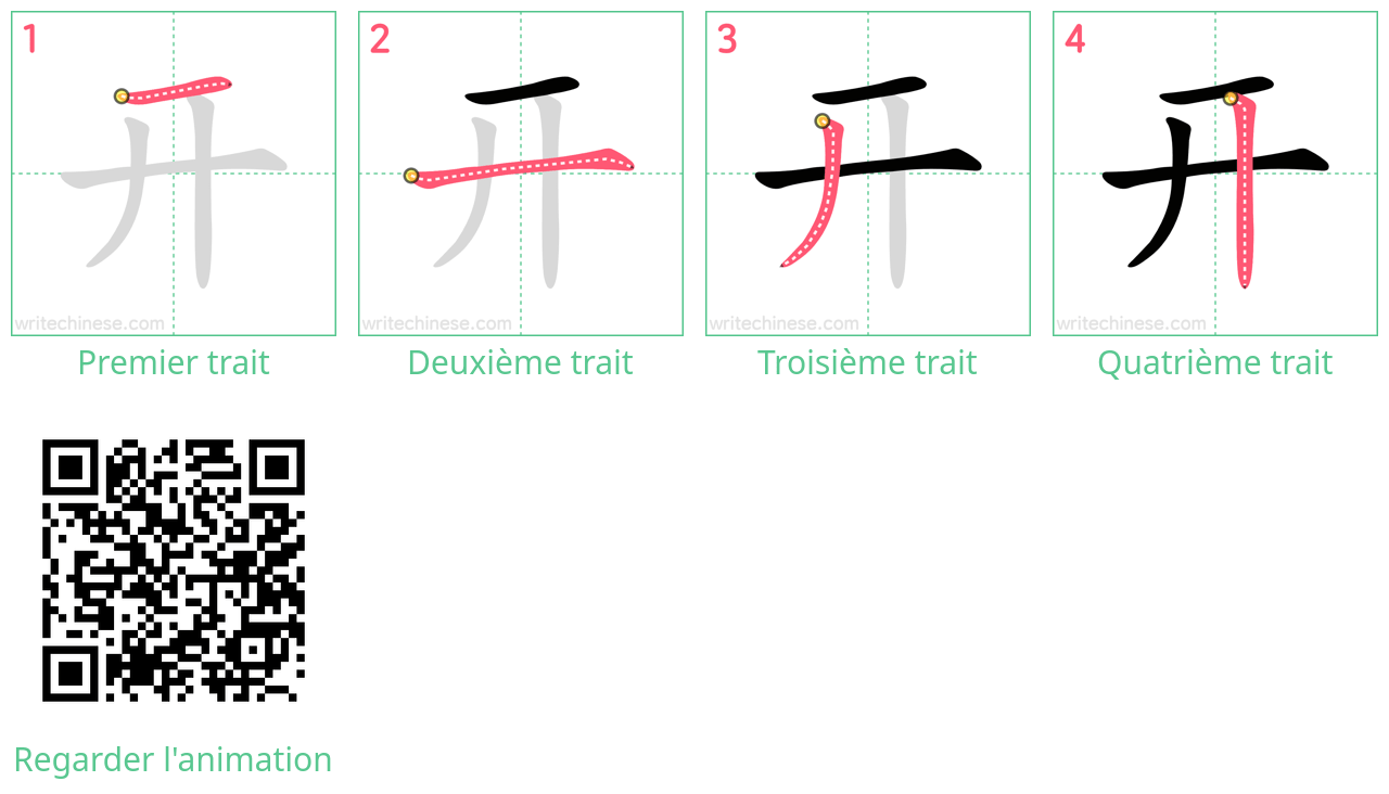 Diagrammes d'ordre des traits étape par étape pour le caractère 开