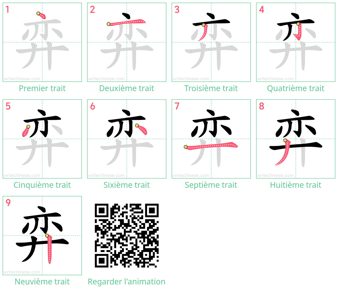 Diagrammes d'ordre des traits étape par étape pour le caractère 弈