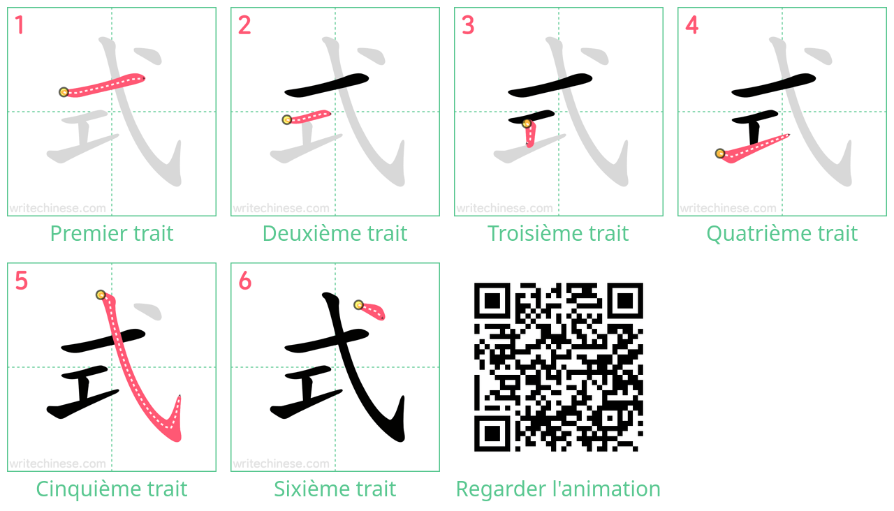 Diagrammes d'ordre des traits étape par étape pour le caractère 式