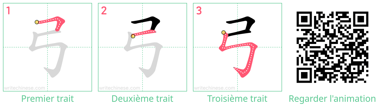 Diagrammes d'ordre des traits étape par étape pour le caractère 弓