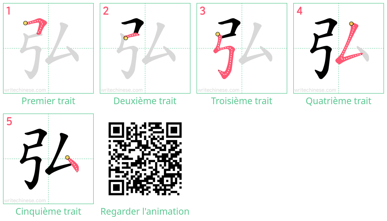 Diagrammes d'ordre des traits étape par étape pour le caractère 弘