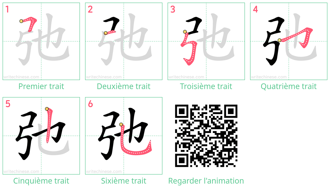 Diagrammes d'ordre des traits étape par étape pour le caractère 弛