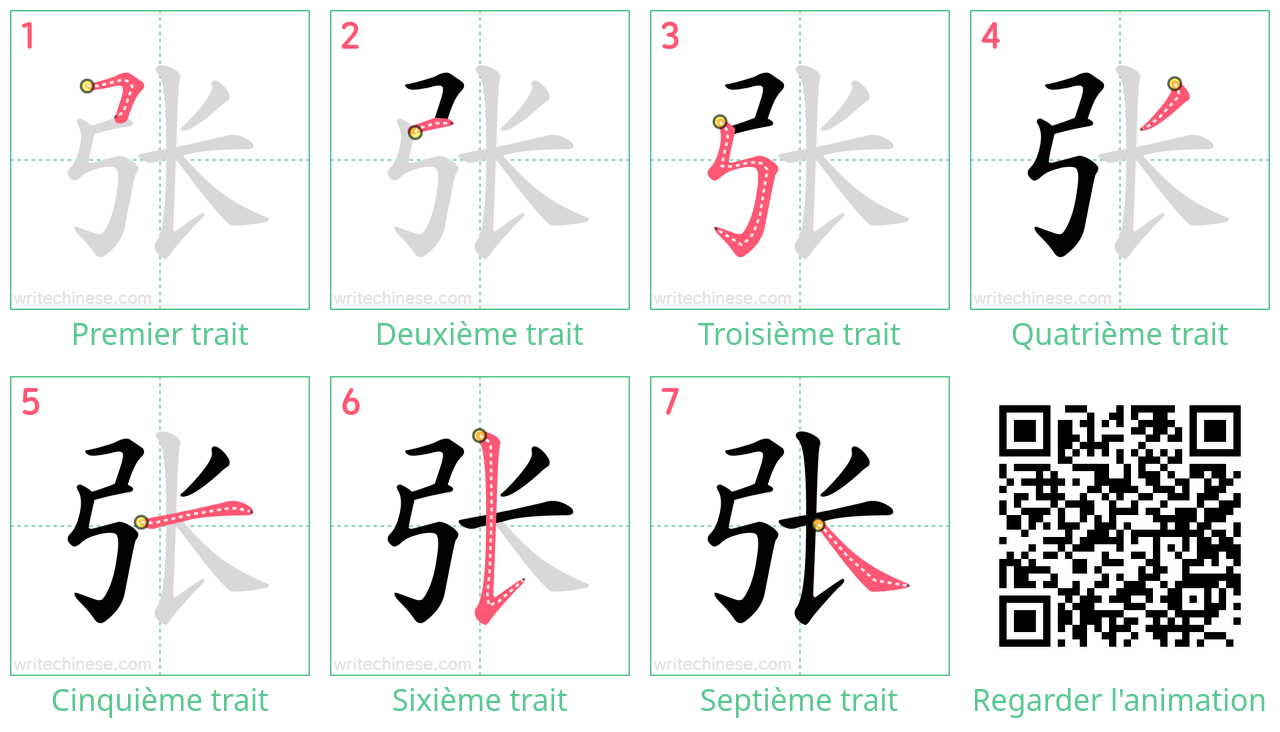Diagrammes d'ordre des traits étape par étape pour le caractère 张