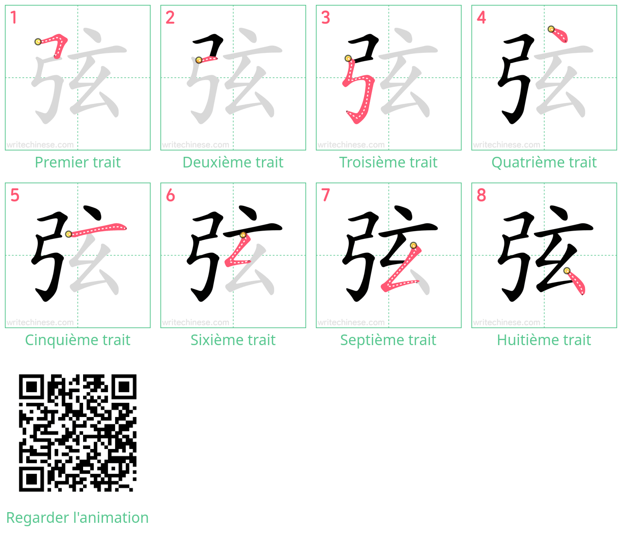 Diagrammes d'ordre des traits étape par étape pour le caractère 弦
