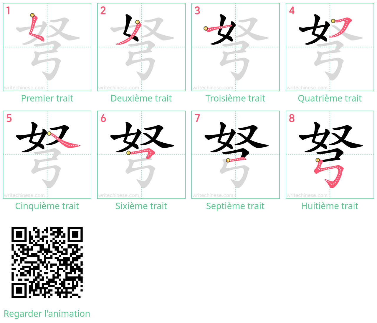 Diagrammes d'ordre des traits étape par étape pour le caractère 弩