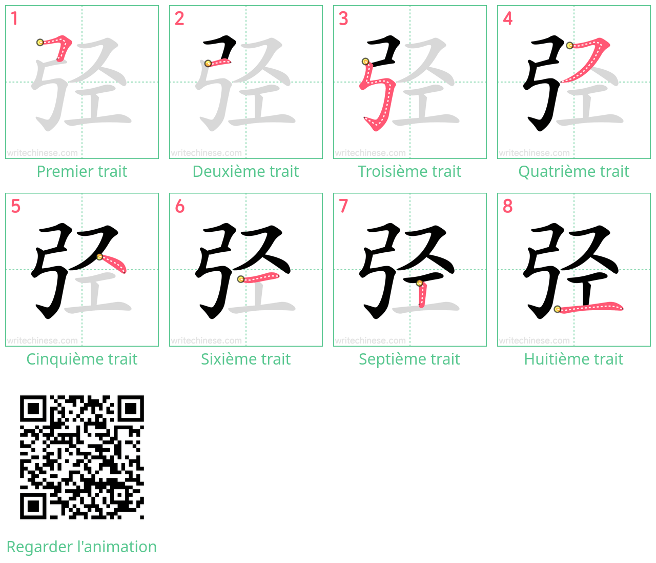 Diagrammes d'ordre des traits étape par étape pour le caractère 弪