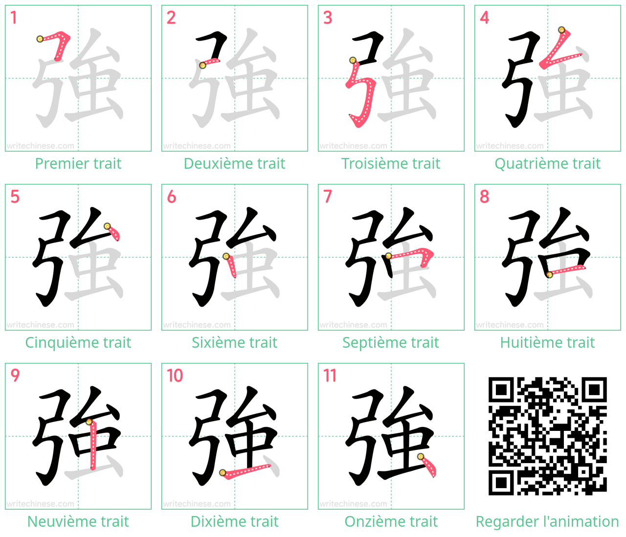 Diagrammes d'ordre des traits étape par étape pour le caractère 強
