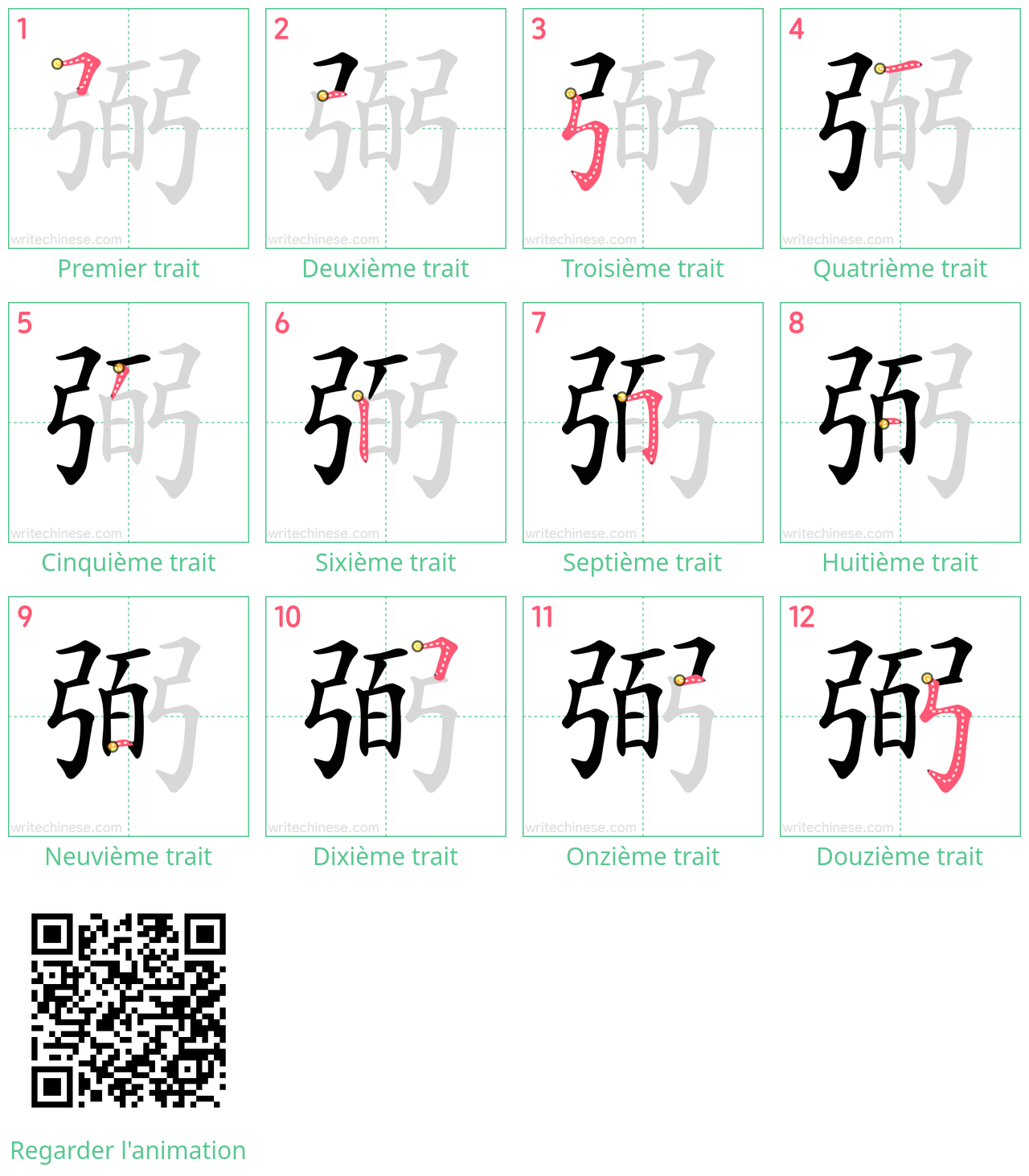 Diagrammes d'ordre des traits étape par étape pour le caractère 弼