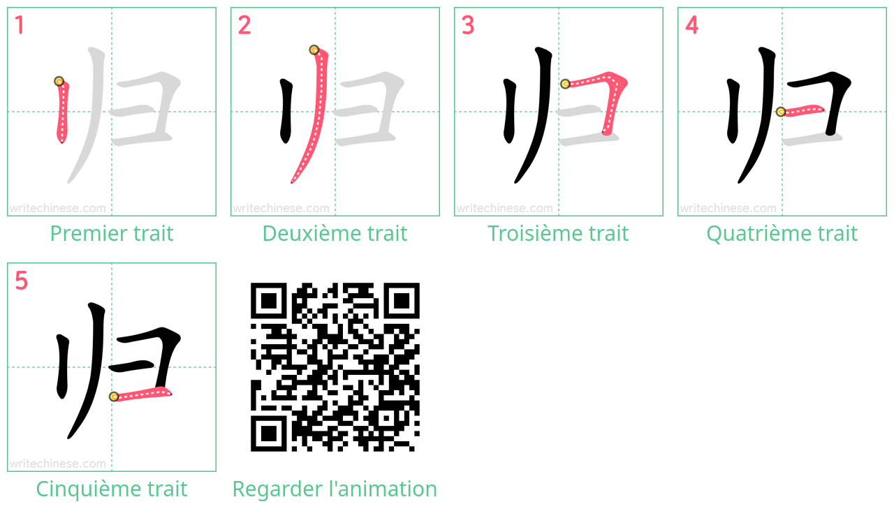 Diagrammes d'ordre des traits étape par étape pour le caractère 归