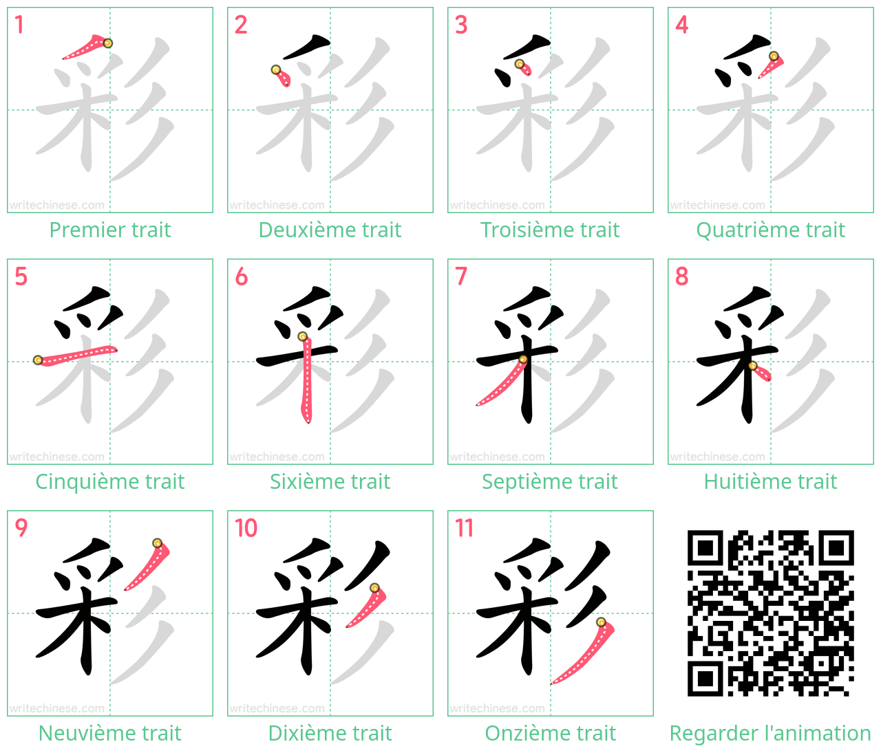 Diagrammes d'ordre des traits étape par étape pour le caractère 彩