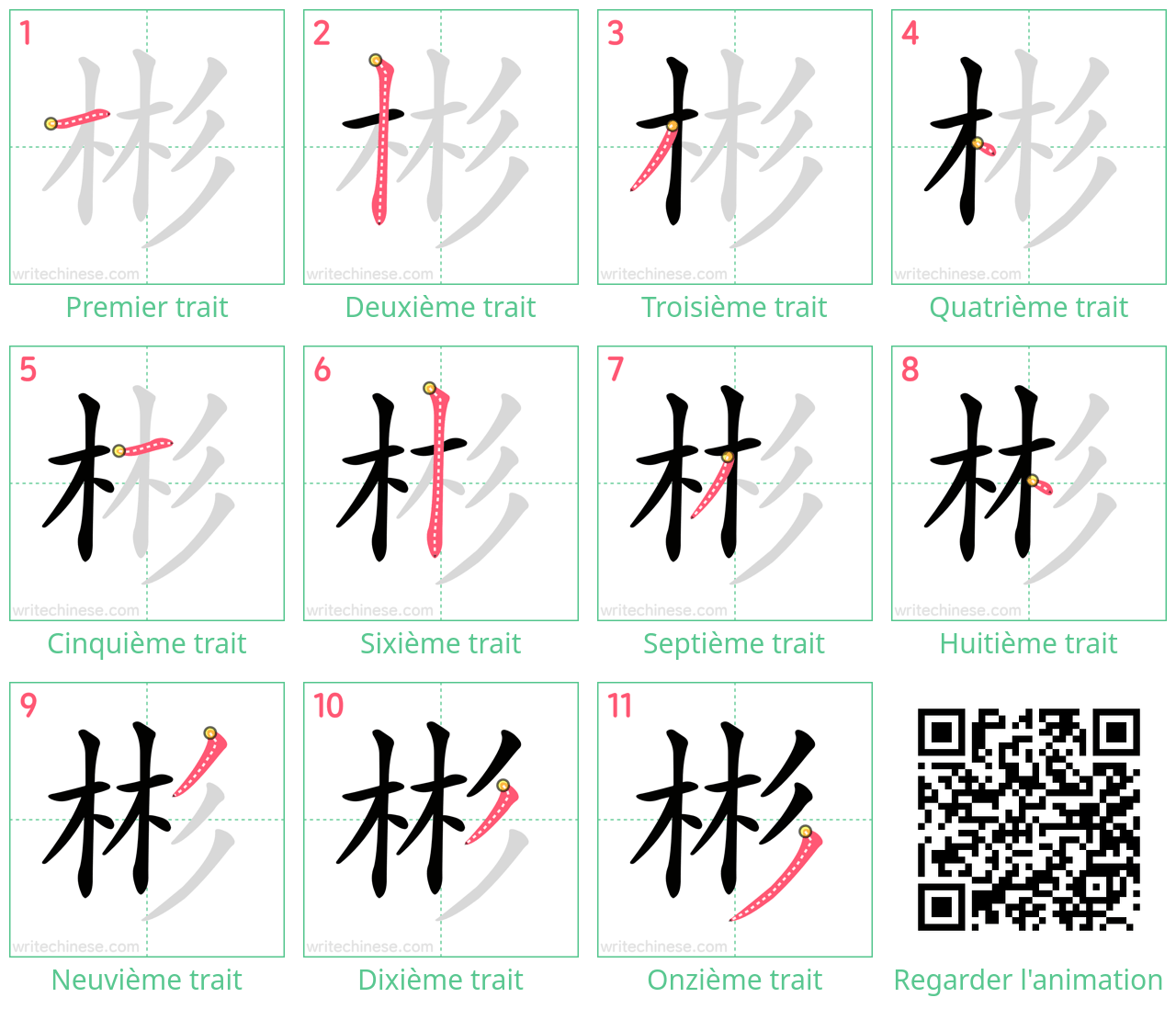 Diagrammes d'ordre des traits étape par étape pour le caractère 彬