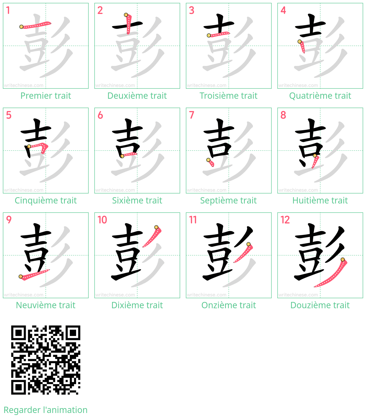 Diagrammes d'ordre des traits étape par étape pour le caractère 彭