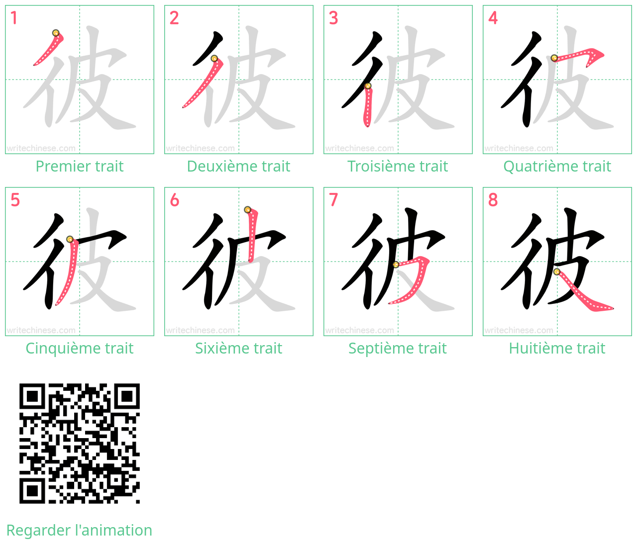 Diagrammes d'ordre des traits étape par étape pour le caractère 彼