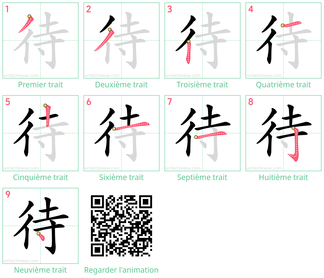 Diagrammes d'ordre des traits étape par étape pour le caractère 待