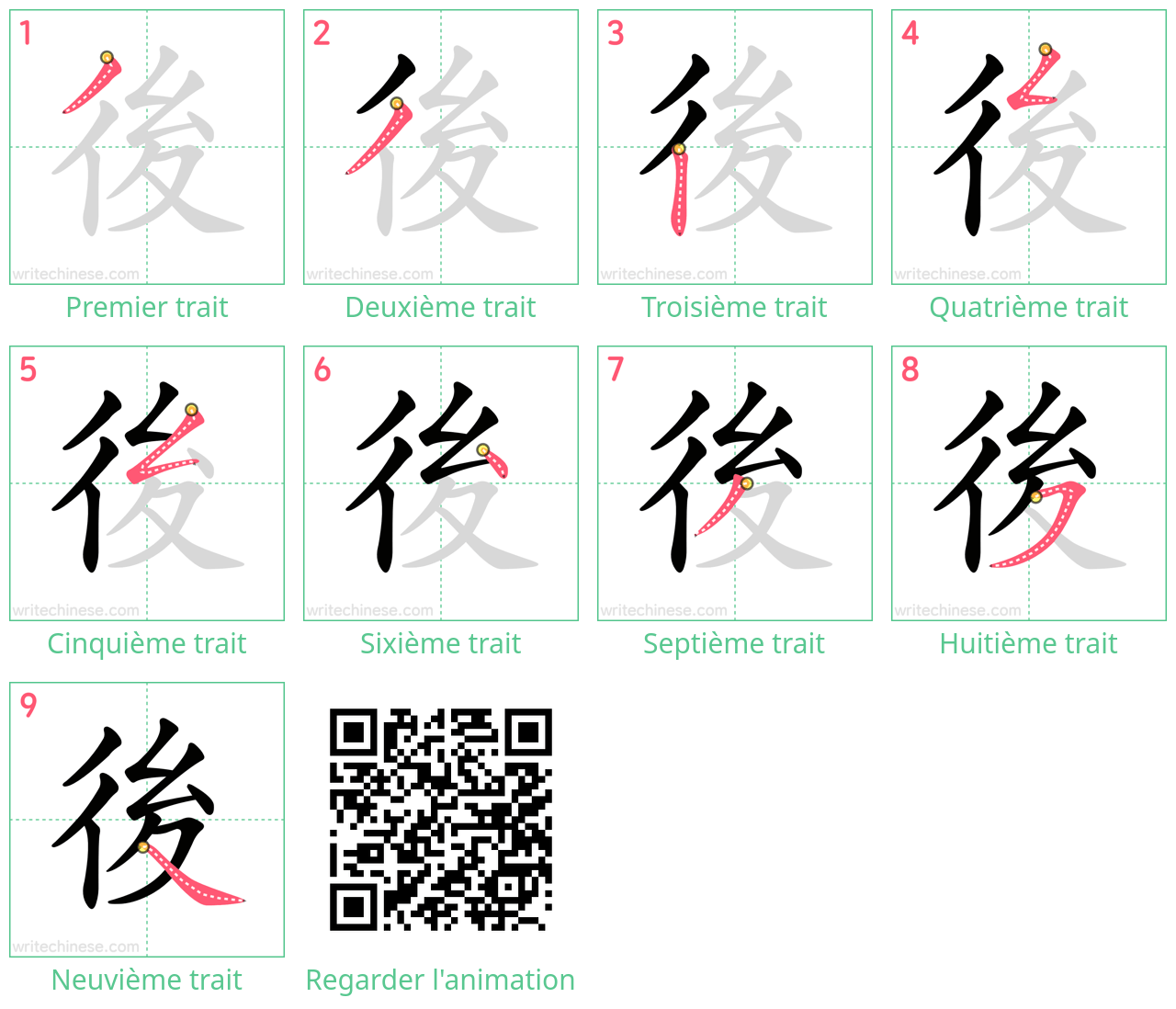 Diagrammes d'ordre des traits étape par étape pour le caractère 後