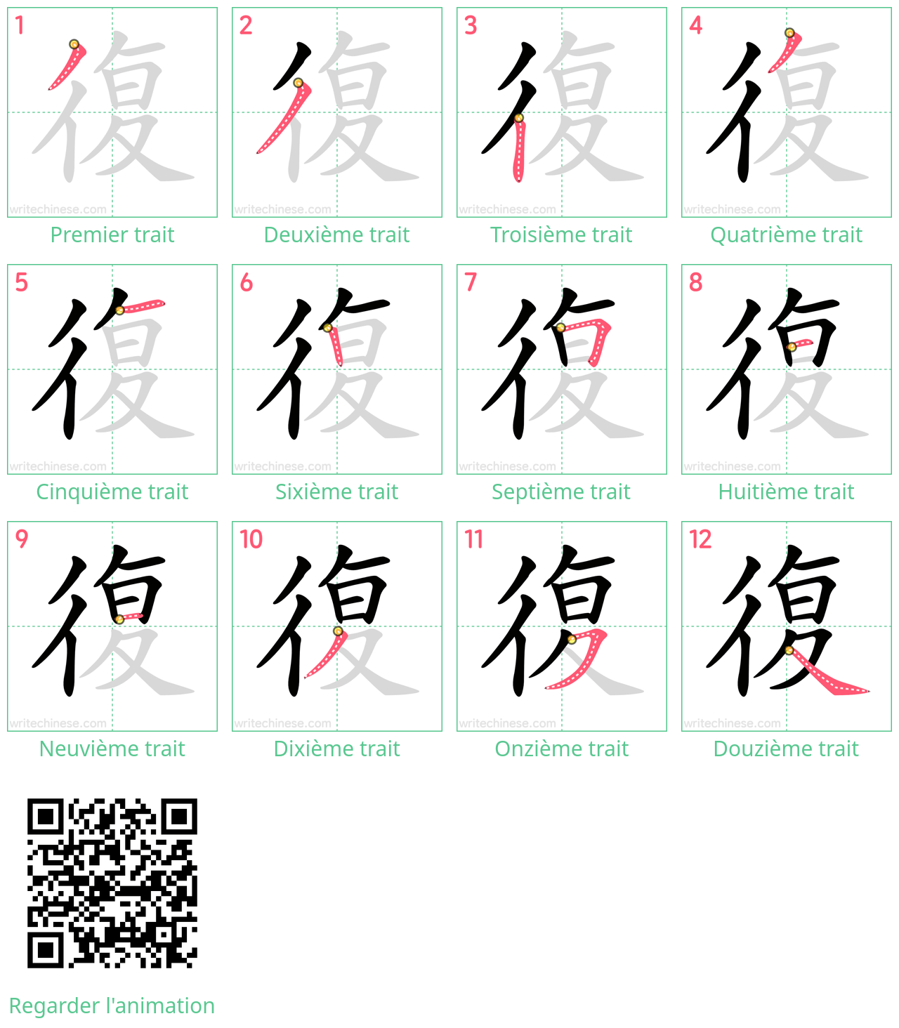 Diagrammes d'ordre des traits étape par étape pour le caractère 復