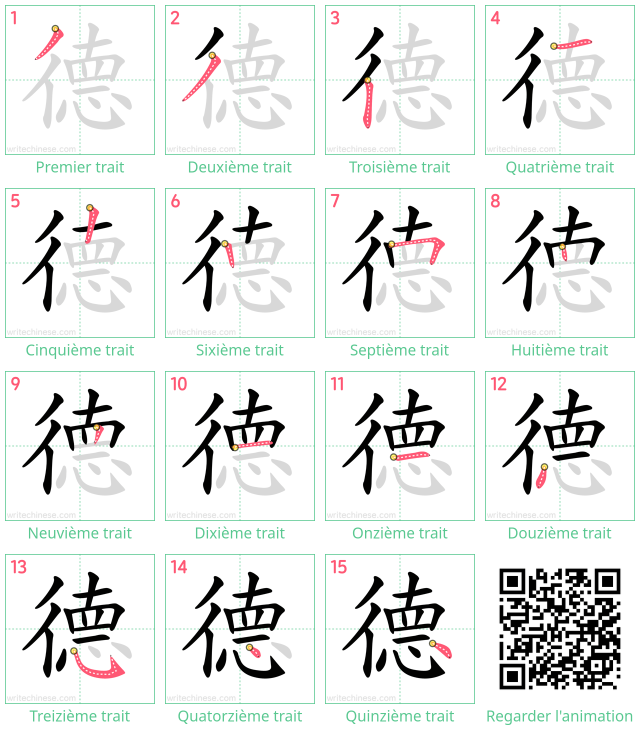 Diagrammes d'ordre des traits étape par étape pour le caractère 德