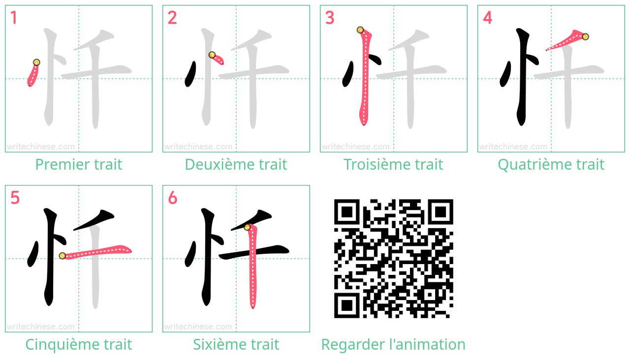 Diagrammes d'ordre des traits étape par étape pour le caractère 忏