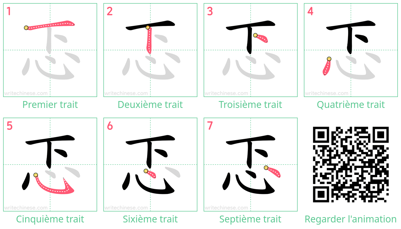 Diagrammes d'ordre des traits étape par étape pour le caractère 忑