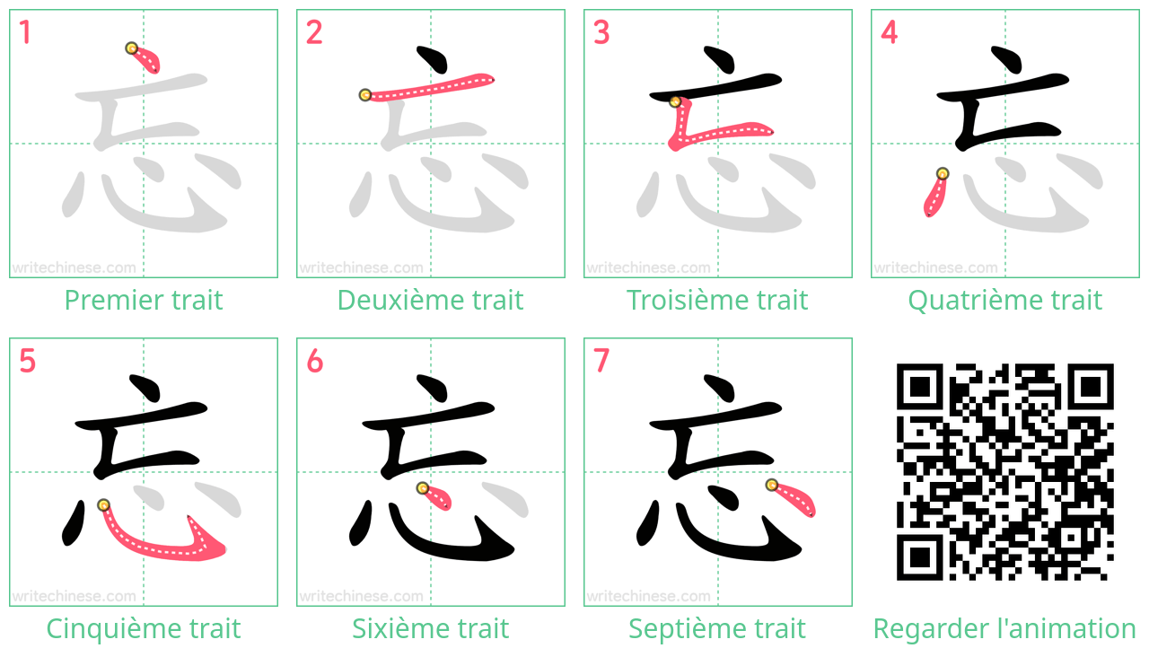 Diagrammes d'ordre des traits étape par étape pour le caractère 忘