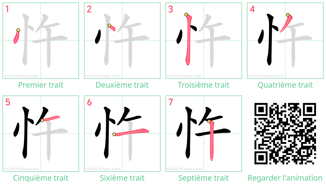 Diagrammes d'ordre des traits étape par étape pour le caractère 忤