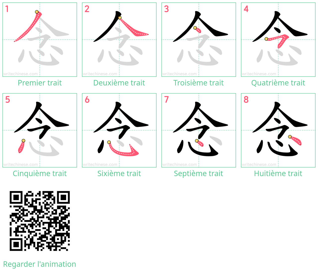 Diagrammes d'ordre des traits étape par étape pour le caractère 念