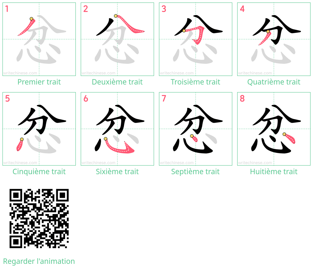 Diagrammes d'ordre des traits étape par étape pour le caractère 忿