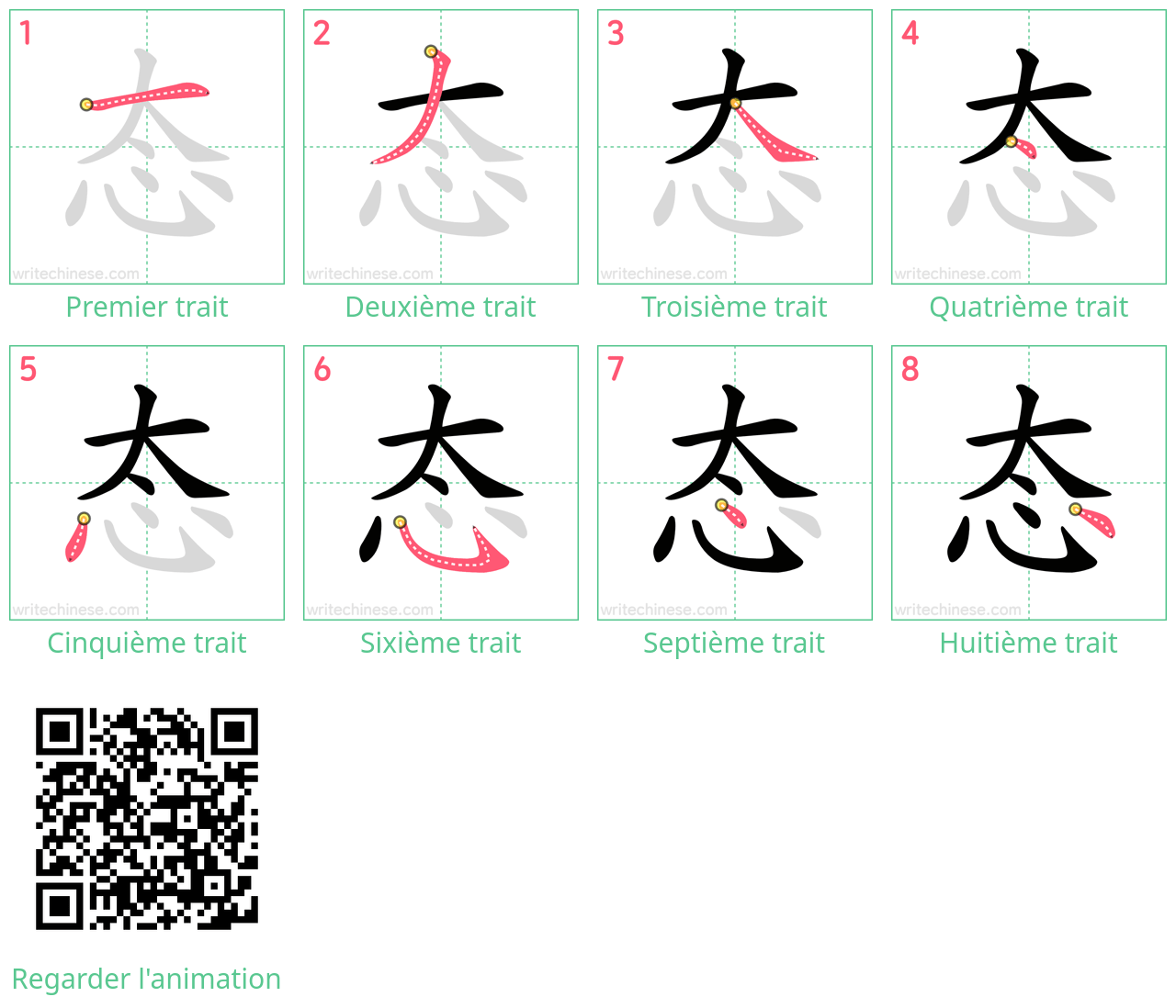 Diagrammes d'ordre des traits étape par étape pour le caractère 态