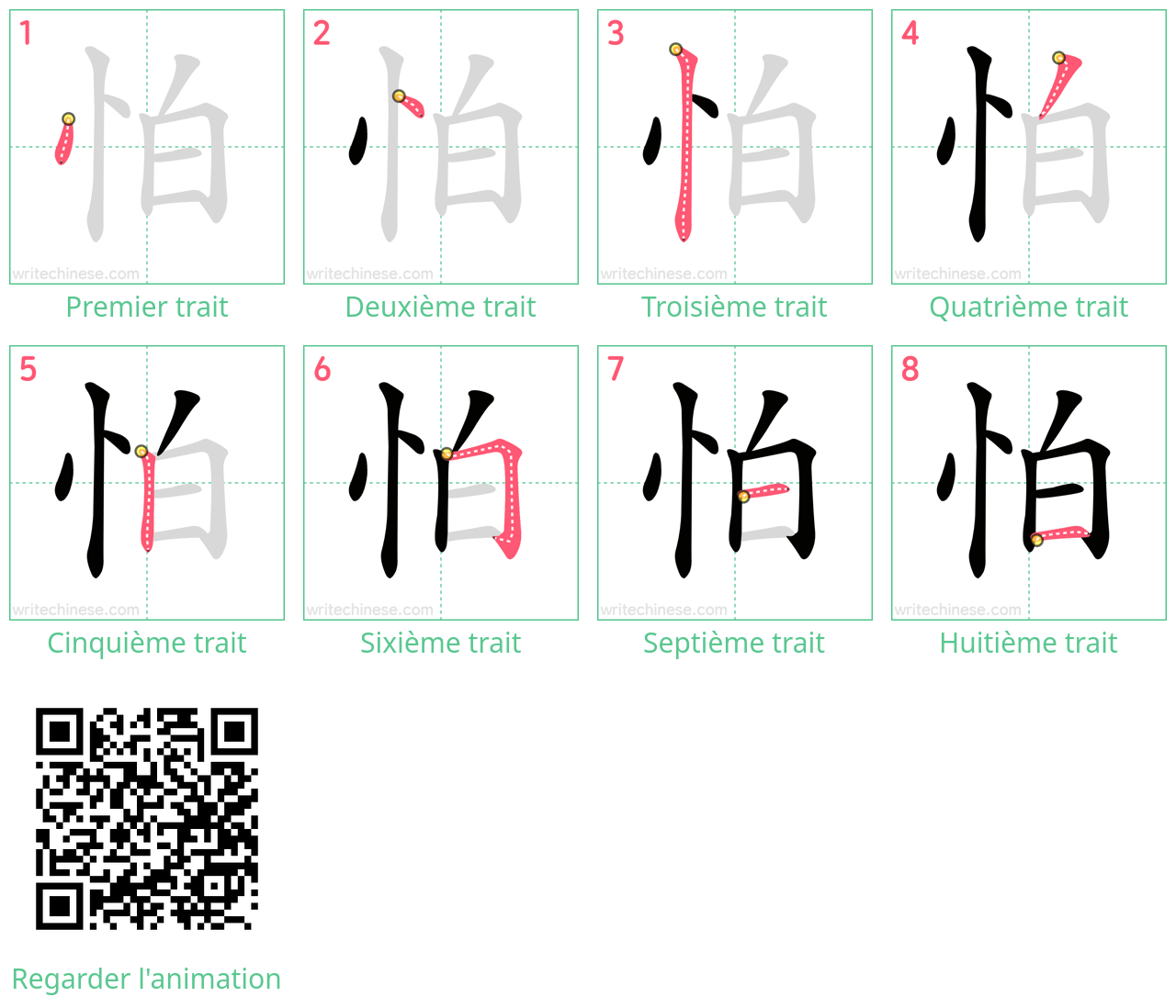 Diagrammes d'ordre des traits étape par étape pour le caractère 怕