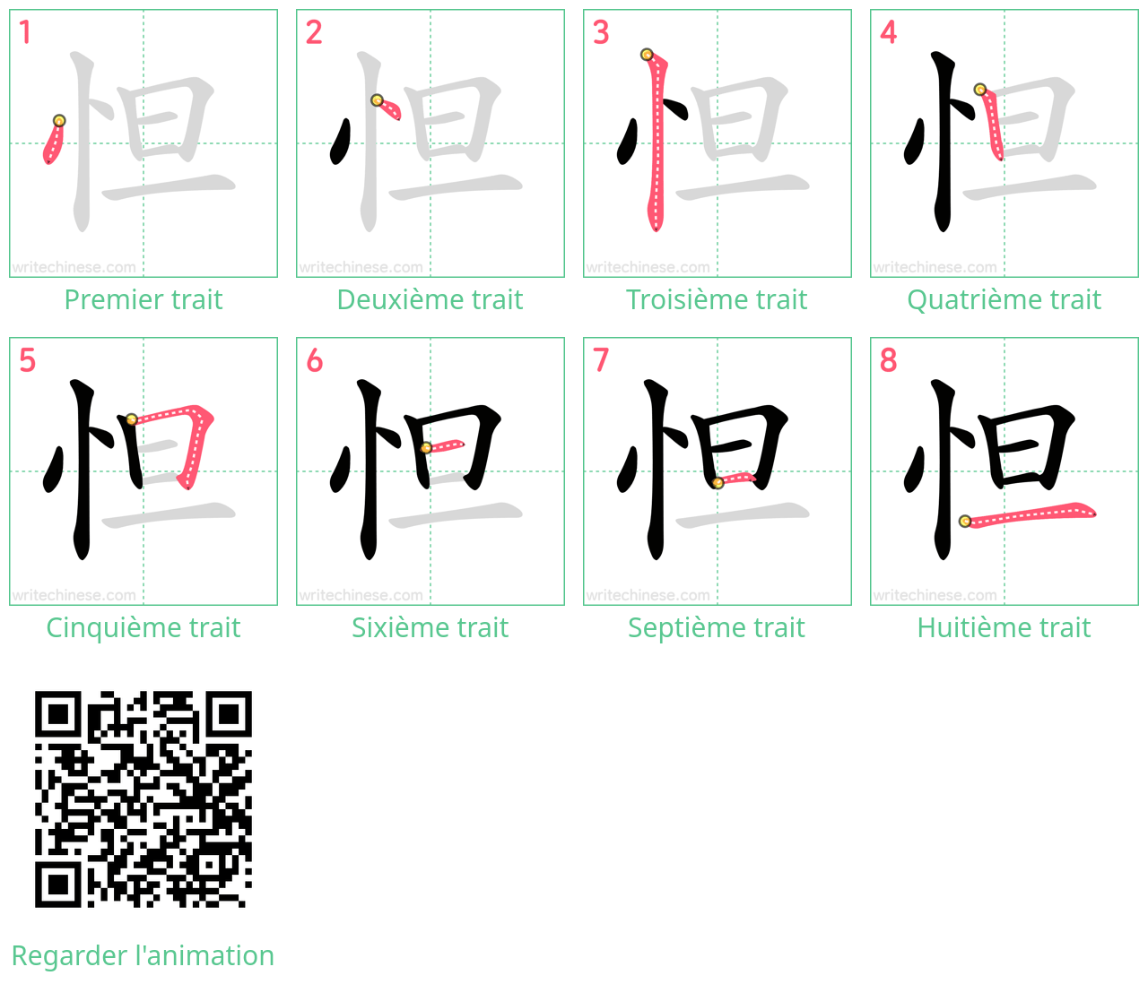 Diagrammes d'ordre des traits étape par étape pour le caractère 怛