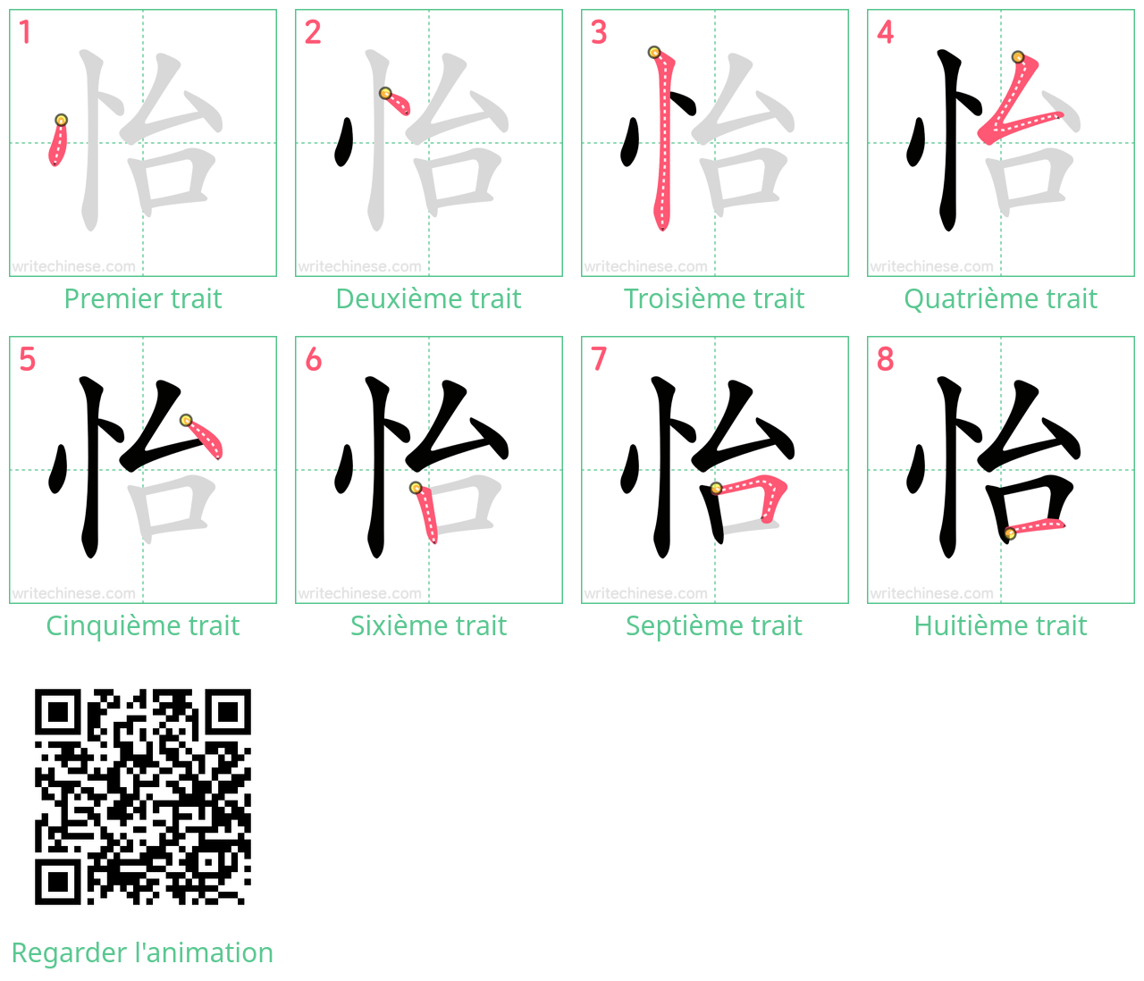 Diagrammes d'ordre des traits étape par étape pour le caractère 怡