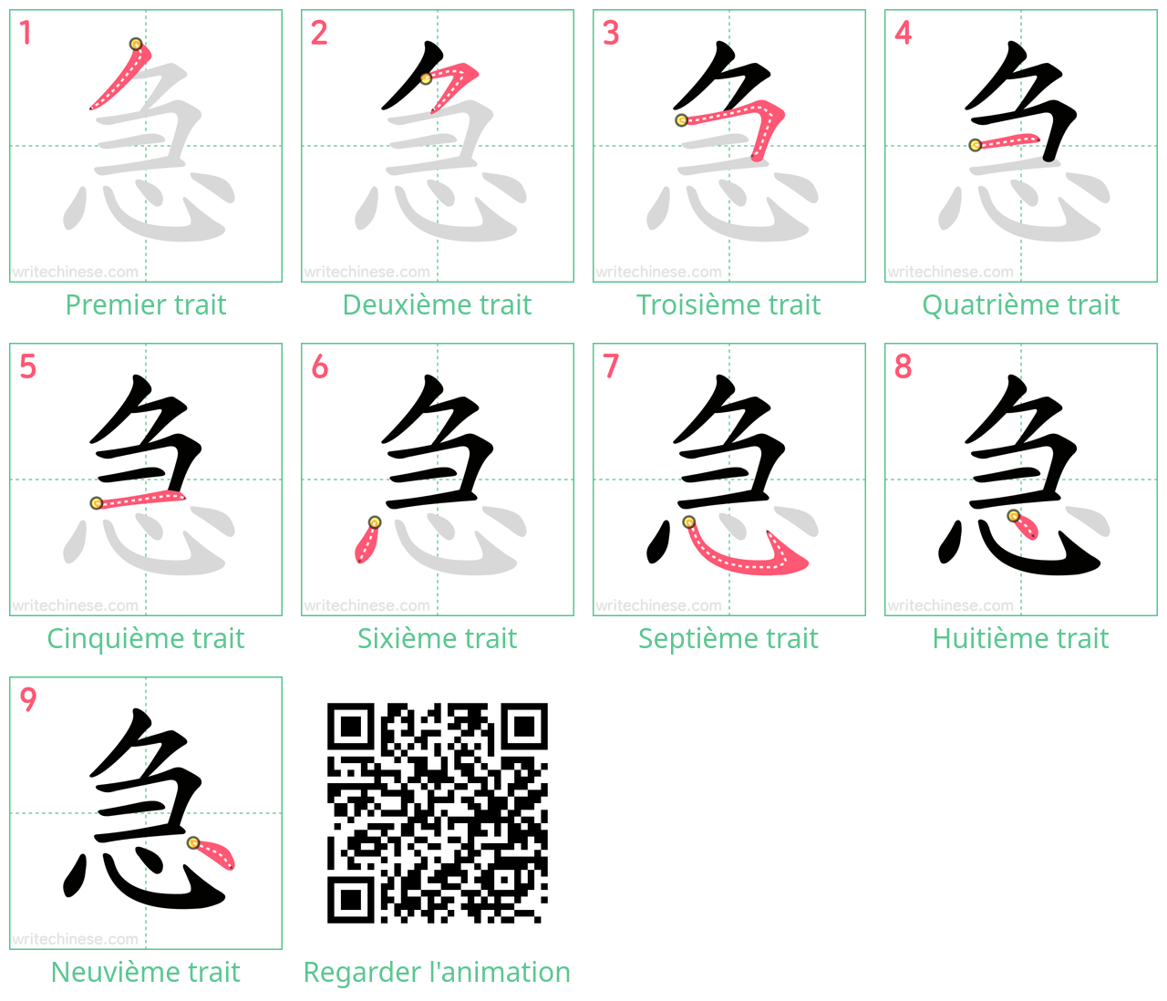 Diagrammes d'ordre des traits étape par étape pour le caractère 急