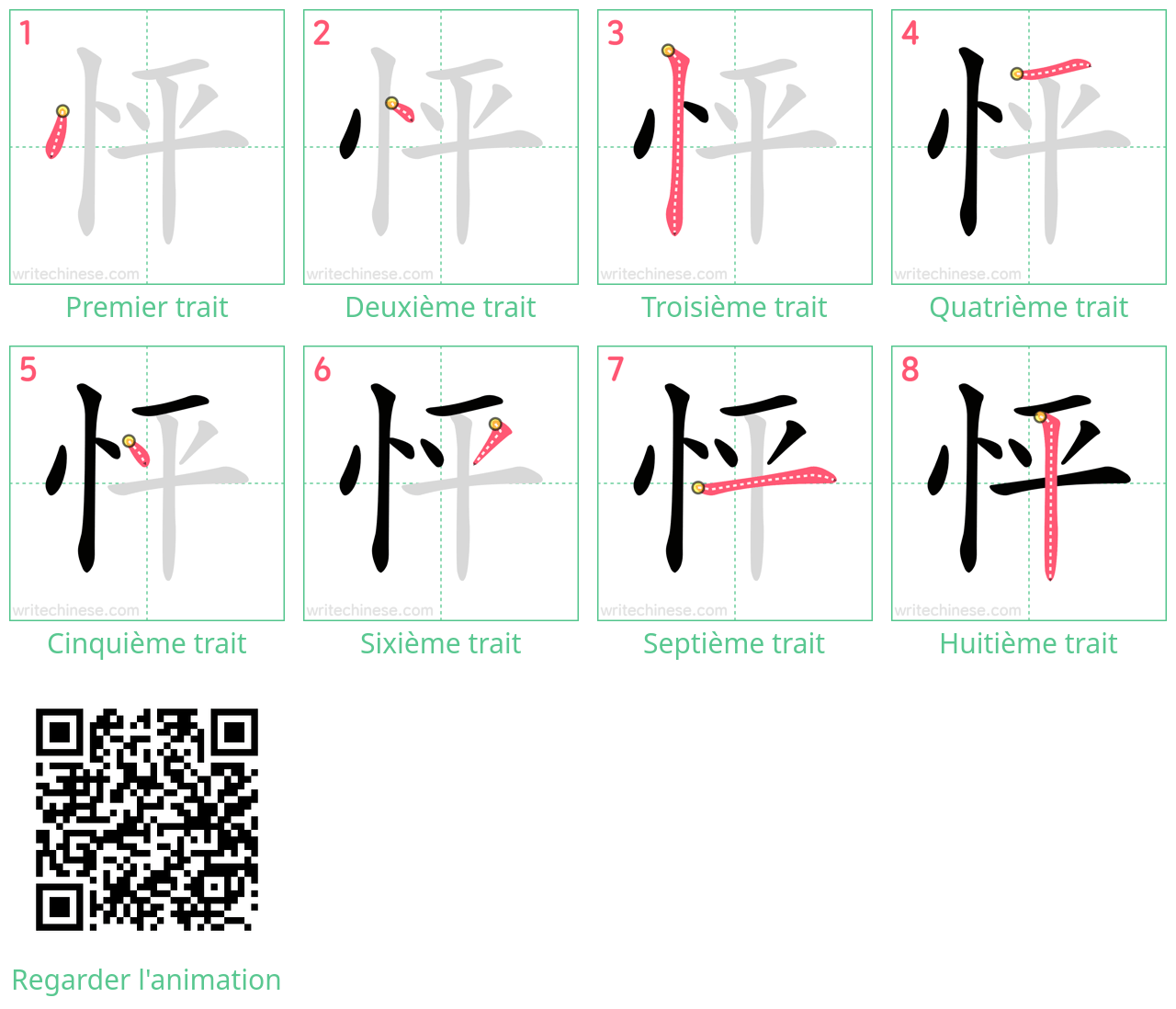 Diagrammes d'ordre des traits étape par étape pour le caractère 怦