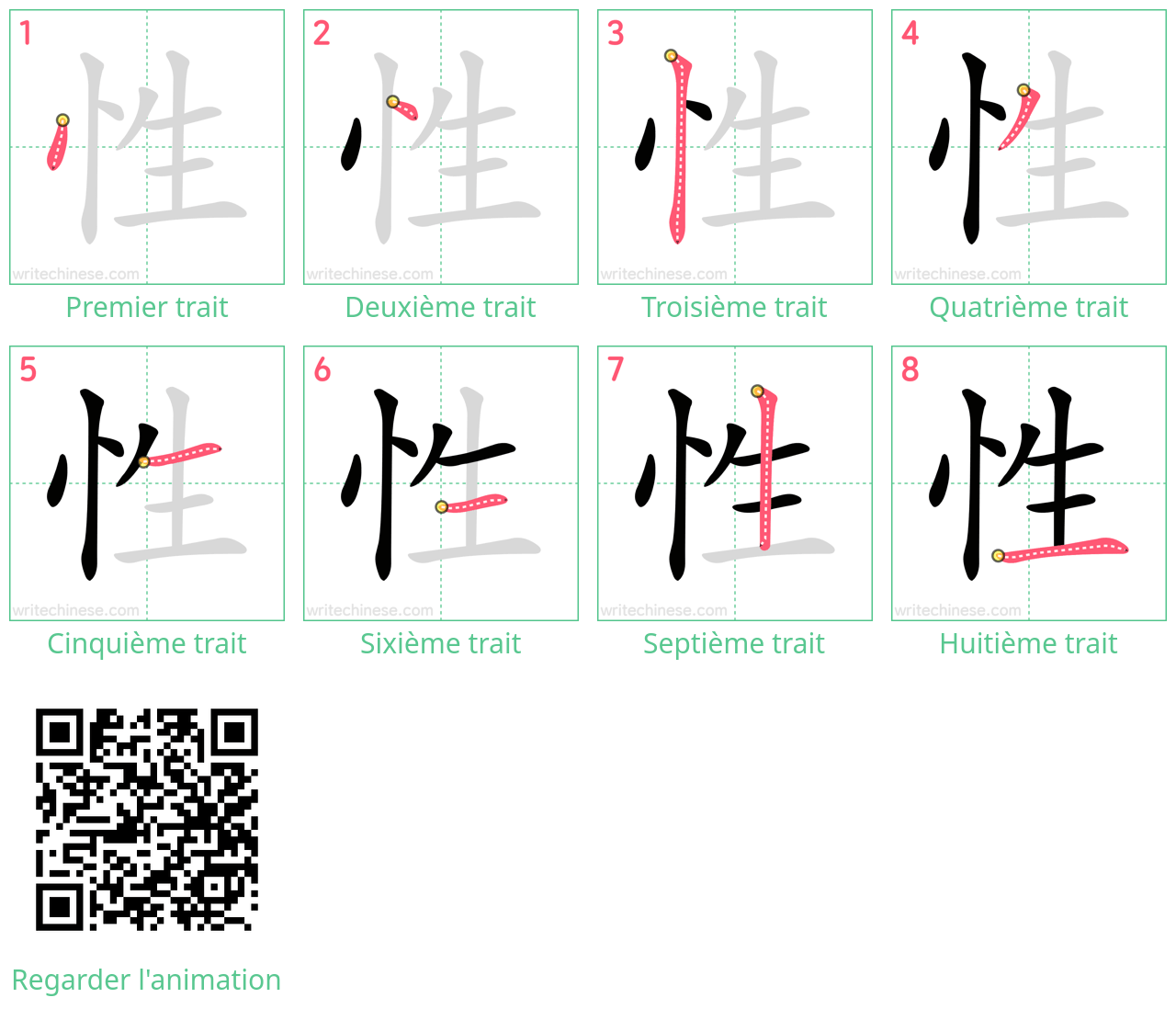 Diagrammes d'ordre des traits étape par étape pour le caractère 性