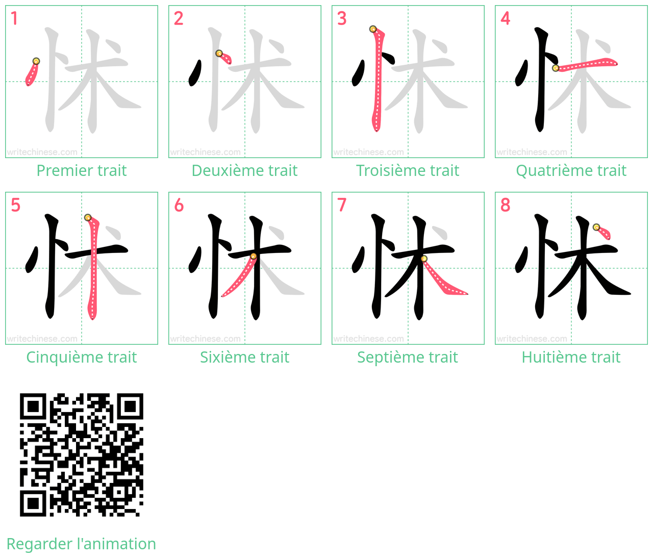 Diagrammes d'ordre des traits étape par étape pour le caractère 怵