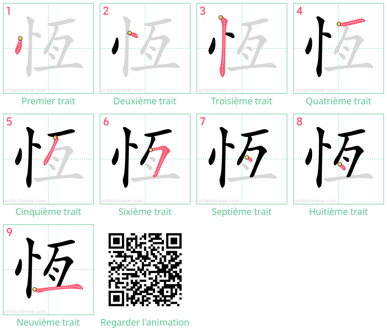 Diagrammes d'ordre des traits étape par étape pour le caractère 恆