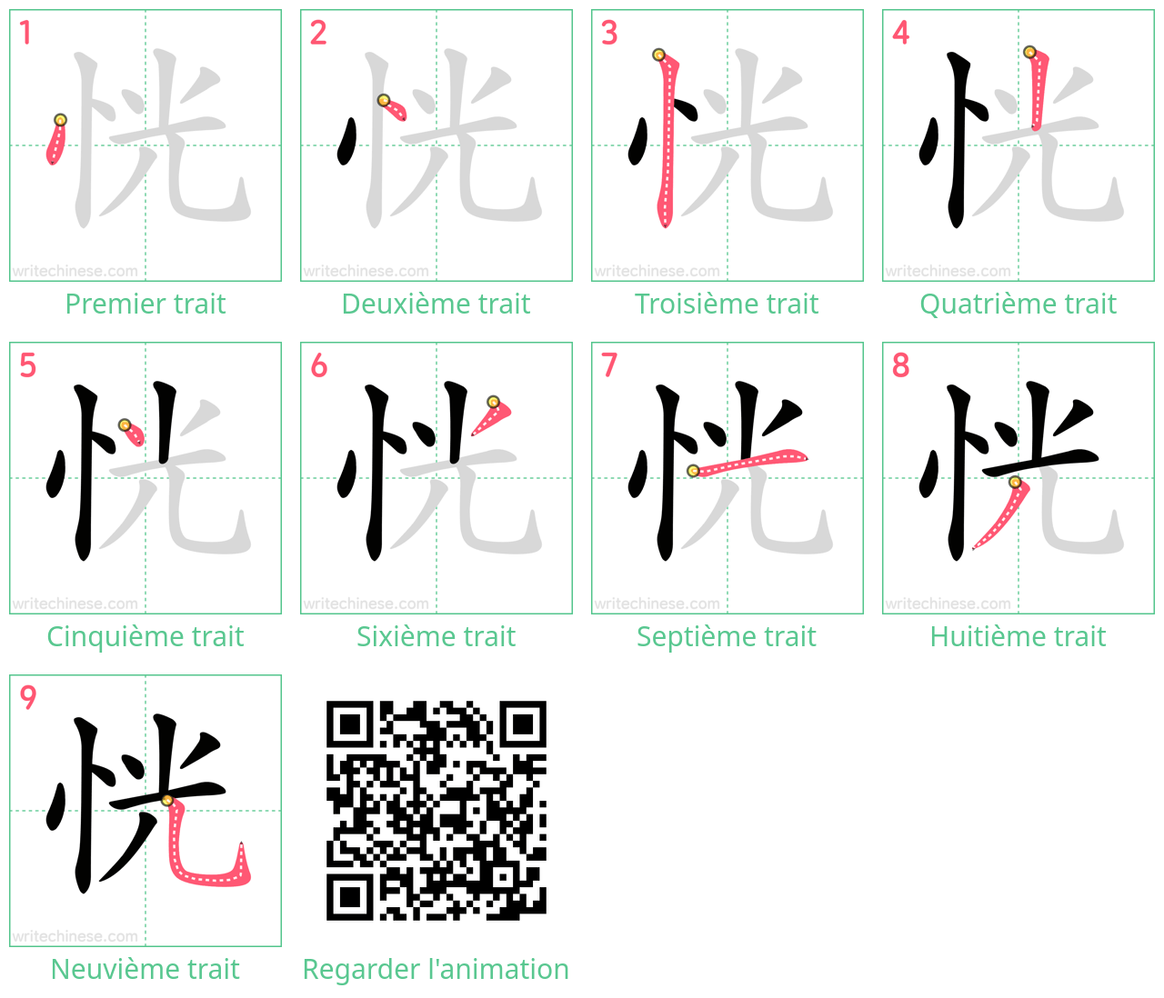 Diagrammes d'ordre des traits étape par étape pour le caractère 恍