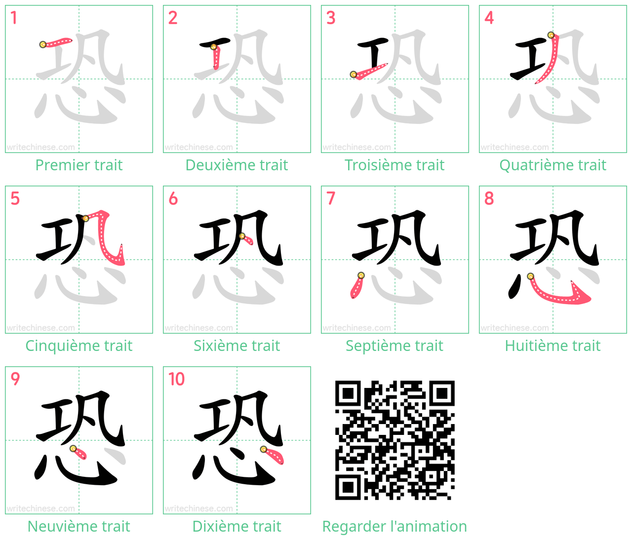 Diagrammes d'ordre des traits étape par étape pour le caractère 恐