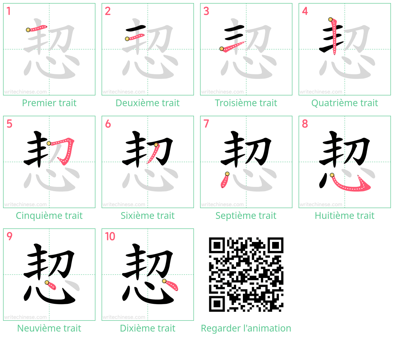 Diagrammes d'ordre des traits étape par étape pour le caractère 恝