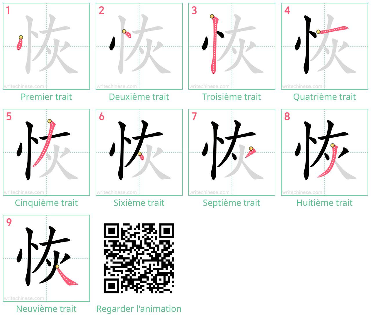 Diagrammes d'ordre des traits étape par étape pour le caractère 恢