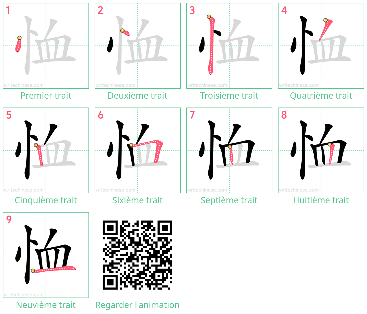 Diagrammes d'ordre des traits étape par étape pour le caractère 恤