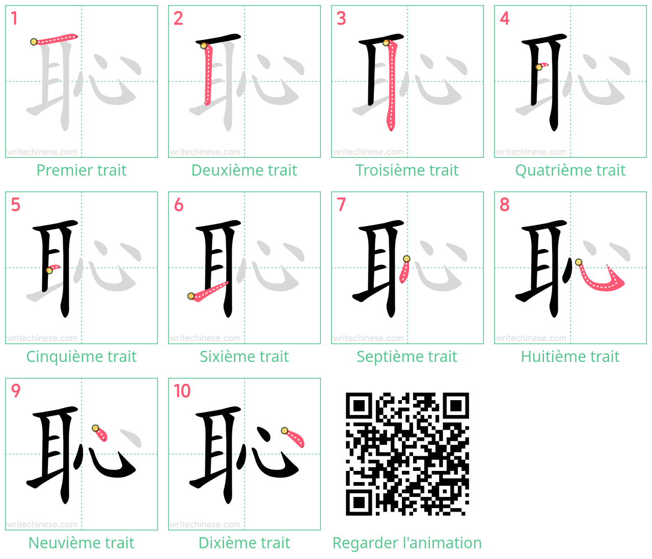 Diagrammes d'ordre des traits étape par étape pour le caractère 恥