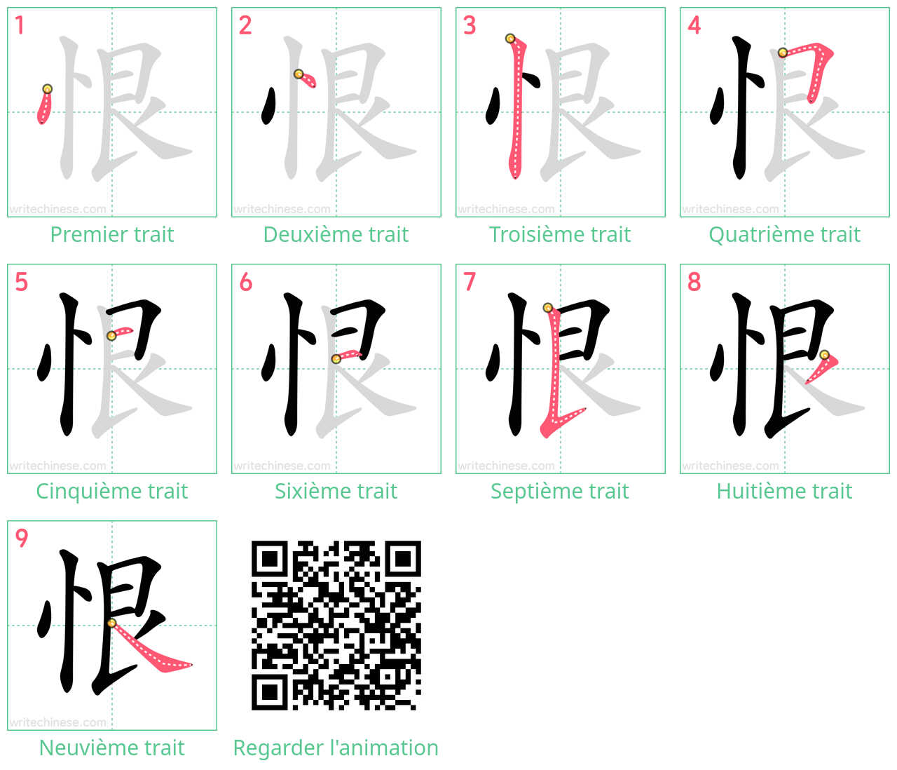 Diagrammes d'ordre des traits étape par étape pour le caractère 恨