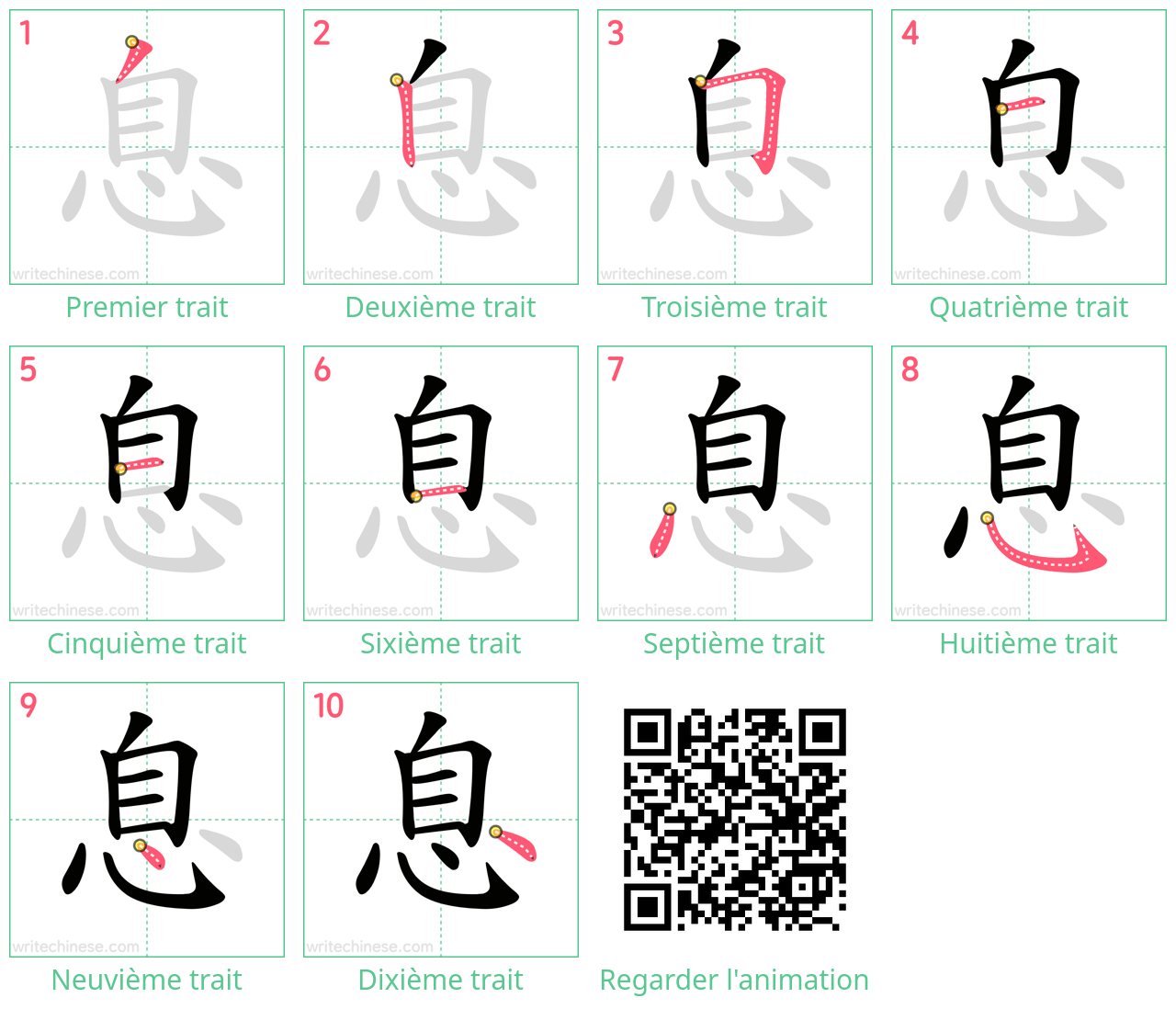 Diagrammes d'ordre des traits étape par étape pour le caractère 息